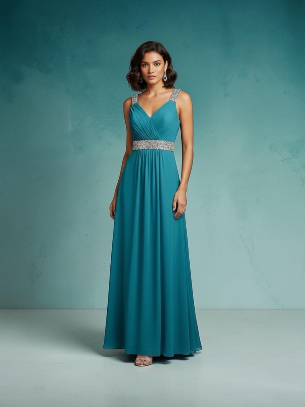 Teal V-Neck Embellished Waist Evening Dress